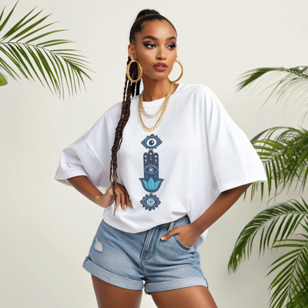 Spiritual Symbol Oversized Tee with Evil Eye & Hamsa Design